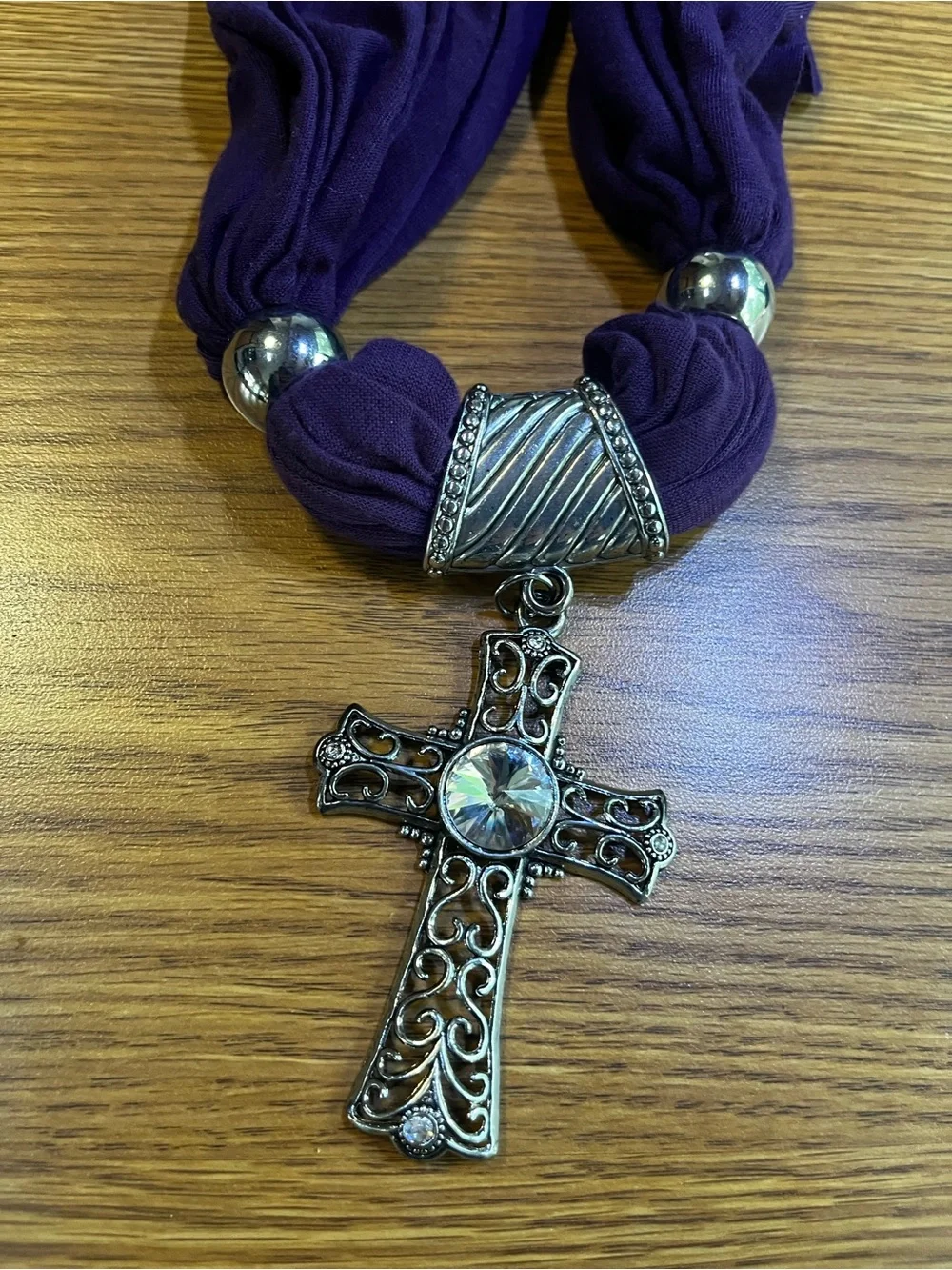 Purple Scarf Necklace with Decorative Cross Pendant